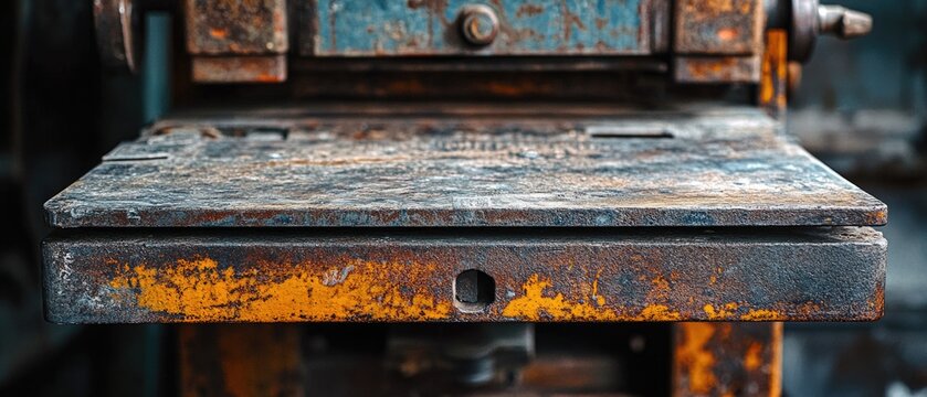 Close-up shot of an old metal workbench with rusty details