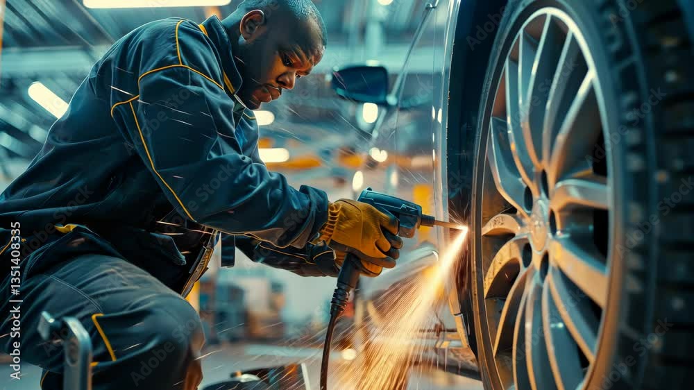 Aufkleber An experienced automotive mechanic is diligently performing precision work on a car wheel using advanced tools in a wellequipped modern workshop that emphasizes efficiency and quality in service
