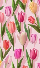 Obraz premium Tulip Tapestry: A vibrant pattern of colorful tulips, creating a visual feast of floral elegance. This seamless, eye-level composition presents a delightful texture and showcases the beauty of nature.