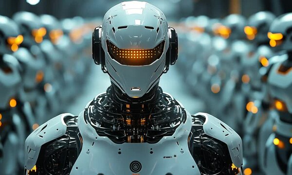 Futuristic humanoid robot with metallic armor standing among identical machines on blurred factory background. Concept of AI and robotics future