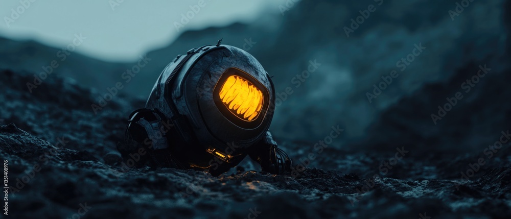 Poster a close-up view of a helmet resting on a rugged rocky surface