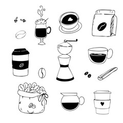 Coffee doodle set sketchy hand drawn sack with coffee beans, grinder, spices. Morning beverage and mug take away. Line cute drawing.