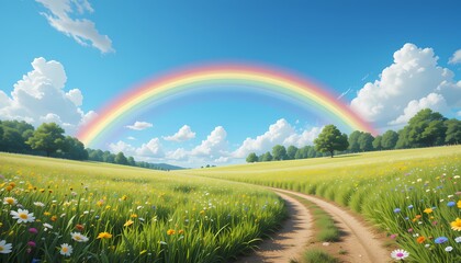 Obraz premium Rainbow over Green Field Path, Vibrant rainbow arching over a scenic path in a lush green field.