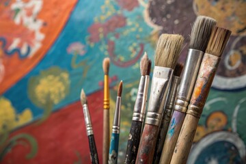 Fototapeta premium Colorful Artist Brushes Arranged Against Vibrant Backdrop Generative AI