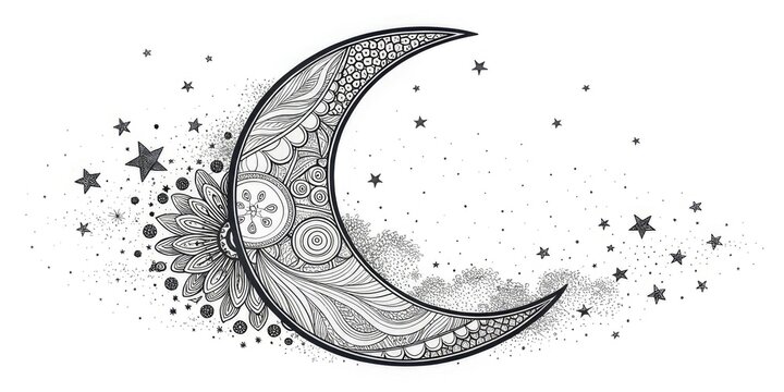 Fototapeta Сrescent moon, filled with intricate floral and geometric patterns,is surrounded by stars and small clouds on a white background for websites and blogs focusing on spirituality,astrology,bohemian styl