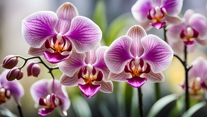 Obraz premium Close-up several vibrant pink white Phalaenopsis orchids full bloom.