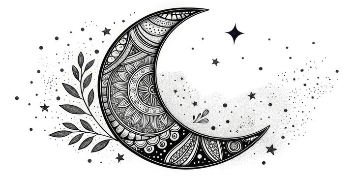 Fototapeta Сrescent moon, filled with intricate floral and geometric patterns,is surrounded by stars and small clouds on a white background for websites and blogs focusing on spirituality,astrology,bohemian styl