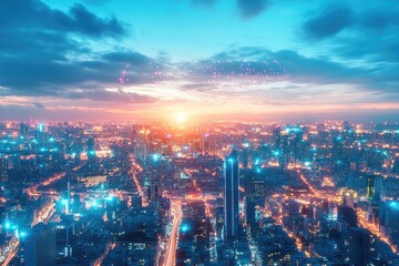 Fototapeta premium A city skyline illuminated by colorful fireworks bursting above, ideal for backgrounds or urban scenes