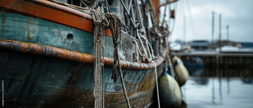Poster a boat is securely moored at a dock with ropes and buoys, ready for departure