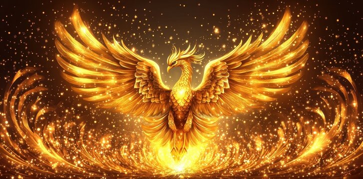 A majestic golden phoenix bird soaring amidst shining sparkles