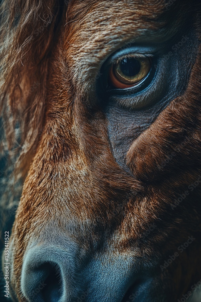 Poster a close-up shot of a brown horse's facial features, ideal for use in equine-related contexts or as a
