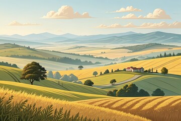 Naklejka premium Rolling Hills and Golden Fields Create a Serene Landscape Generative AI