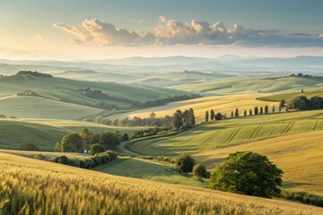 Naklejka premium Rolling Hills and Golden Fields Under a Sunset Sky Generative AI