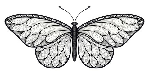 detailed black and white drawing of a butterfly with intricate patterns filling its wings for websites and blogs about art, coloring books, nature, or insect illustrations