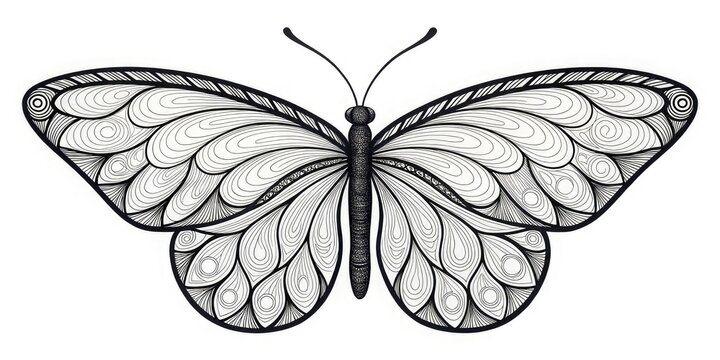detailed black and white drawing of a butterfly with intricate patterns filling its wings for websites and blogs about art, coloring books, nature, or insect illustrations