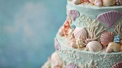 Three-tier light blue cake decorated with seashells and corals against a blue background