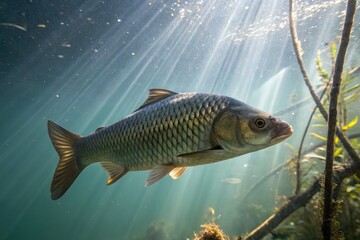 Underwater View of a Fish Swimming Through Sunbeams Generative AI