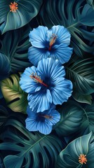 Vibrant blue hibiscus flowers amidst lush tropical leaves