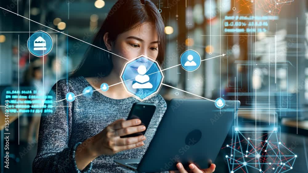 Poster Digital Transformation encompasses the process of engaging with artificial intelligence and data to drive advancement in business technology and processes for improved efficiency and innovation
