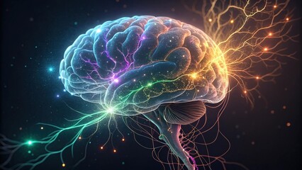 Fototapeta premium Brain visualization, neural network, synapses firing, colorful electrical impulses