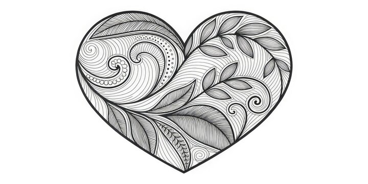 Black and white heart pattern with intricate zentangle patterns for websites and blogs about art, creativity, coloring books or themes of love and duality.