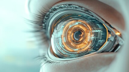 A close-up of a human eye revealing intricate circuitry and glowing elements, showcasing the fusion of human capacity and advanced technology in modern life