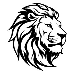 Naklejka premium Detailed black and white illustration of a lion head, perfect for graphic design and wildlife projects.