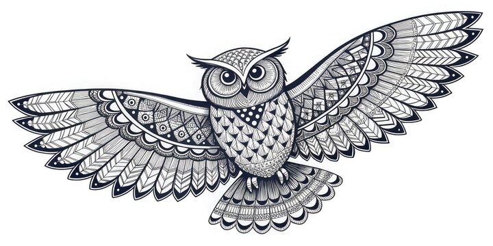 Intricate, detailed illustration of an owl with outstretched wings adorned with ornate zentangle patterns. Perfect for nature blogs, tattoos and spiritual content.