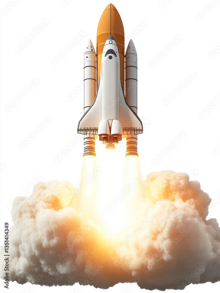 Poster a space shuttle lifting off from its launchpad, soaring into the sky
