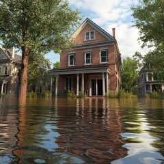 Obraz premium Flooded Brick House Reflection in Water Illustrates Environmental Disaster