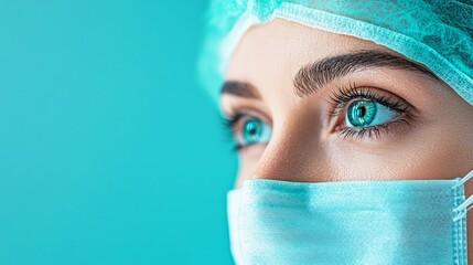 A healthcare professional with blue eyes readies for surgery, highlighting the blend of human skill and advanced medical technology in a modern environment