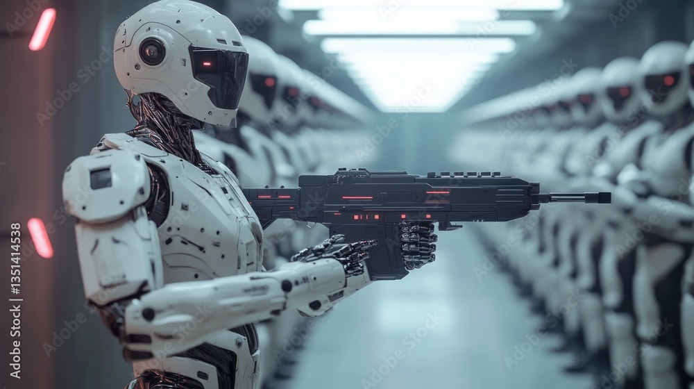 Poster a robot holding a gun in a hallway, great for sci-fi and futuristic concepts
