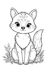 Obraz premium Adorable Fox Cub Sitting in a Grassy Meadow Illustration for Coloring Book Featuring Playful Wildlife and Whimsical Nature Scenes with Detailed Line Art and Expressive Eyes