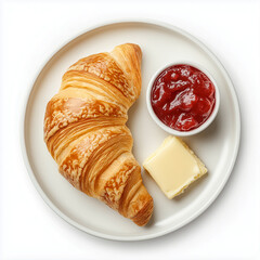 croissant with butter and jam top view, Isolated on white Background.