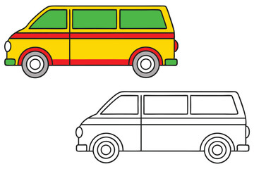 Colorful and Outline Drawings of a Family Minivan Passenger Van for Kids Coloring Book