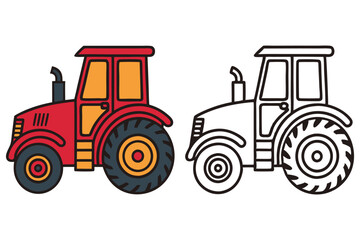 Red Tractor and Coloring Page Outline Illustration for Kids Farm Vehicle