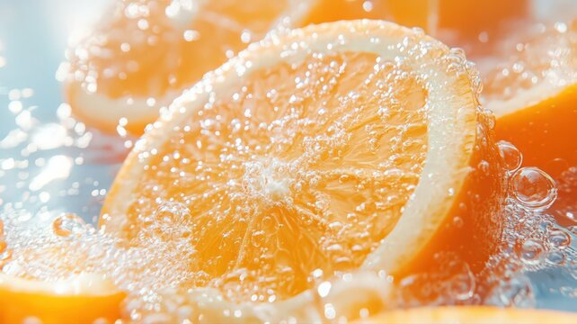 Closeup of Slices of Orange Submerged in Sparkling Water