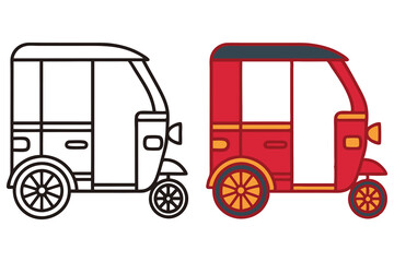 Auto Rickshaw Illustration Black and Red Outline Clipart Side View Three Wheeler Vehicle Transportation