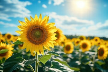 Obraz premium Sunflowers blooming in a vast open field under a bright sky