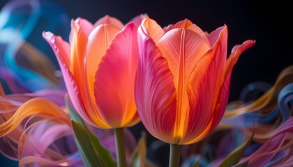 Fototapeta premium Two illuminated pink tulips with colorful smoke, Close up of two glowing pink tulips against a vibrant smoke background.