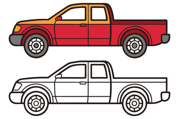 Fototapeta premium A colorful illustration of a red and orange pickup truck and its black and white coloring page version