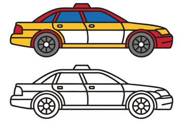 Cartoon Taxi Coloring Page Illustration Two Views Yellow Red and Black White Outline