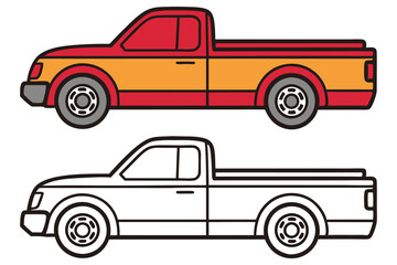 A Colorful Cartoon Pickup Truck and Its Outline Version for Coloring