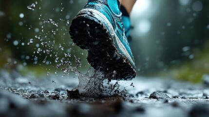 Running through a muddy puddle on a rainy trail