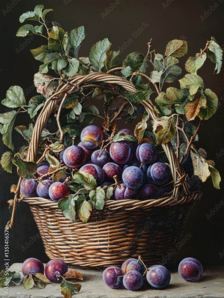 Poster a still life image of a wicker basket filled with plums on a wooden table