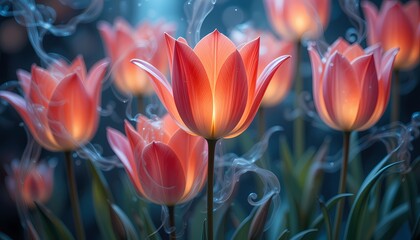 Fototapeta premium Glowing Tulips in Mystical Garden, Enchanted tulips glowing in a magical garden.