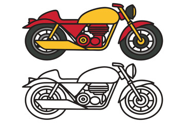Fototapeta premium Classic Motorcycle Illustration Red Yellow and Black and White Outline Drawing for Coloring Book