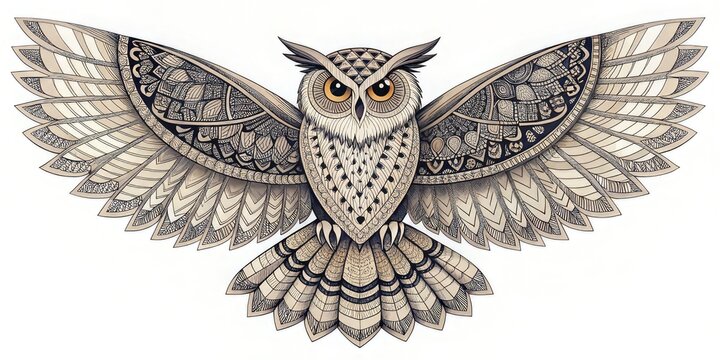 Intricate, detailed illustration of an owl with outstretched wings adorned with ornate zentangle patterns. Perfect for nature blogs, tattoos and spiritual content.