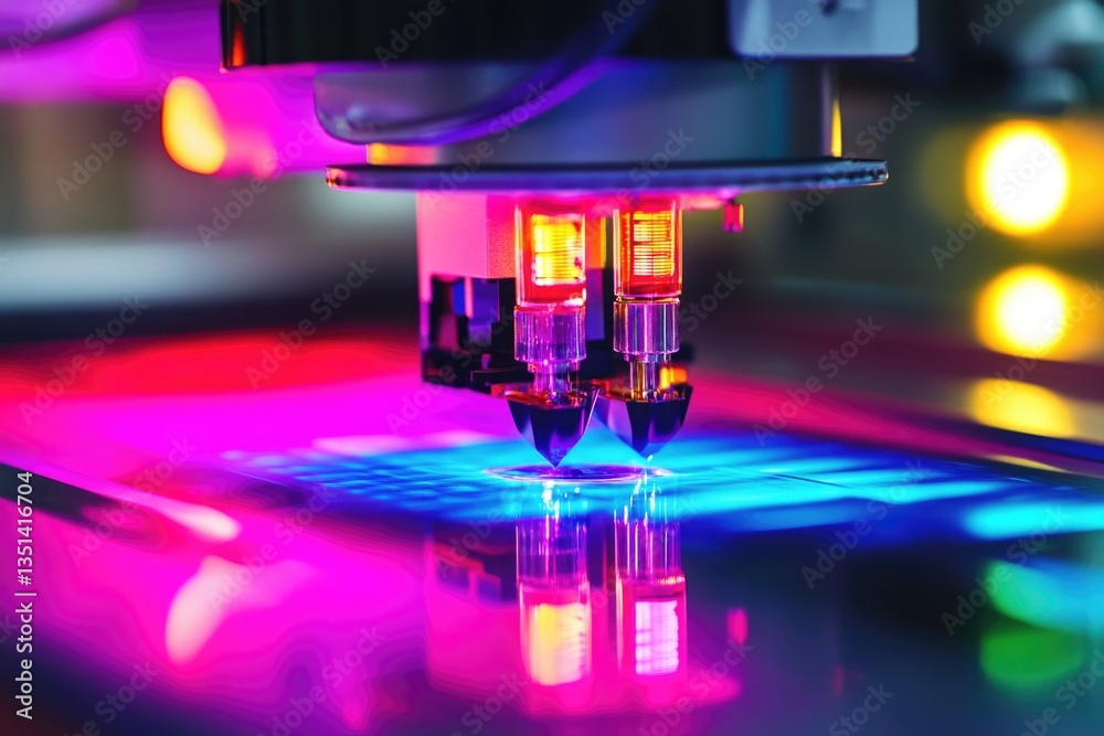 Aufkleber a close-up shot of a 3d printer in operation, with colorful lights illuminating the components