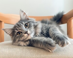 Obraz premium Fluffy Gray Kitten Relaxing in Chair.